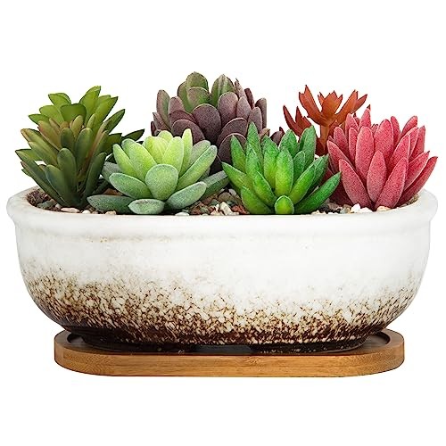 Succulent Pots, 7.9 Inch Long Rectangular Succulent Planters with White