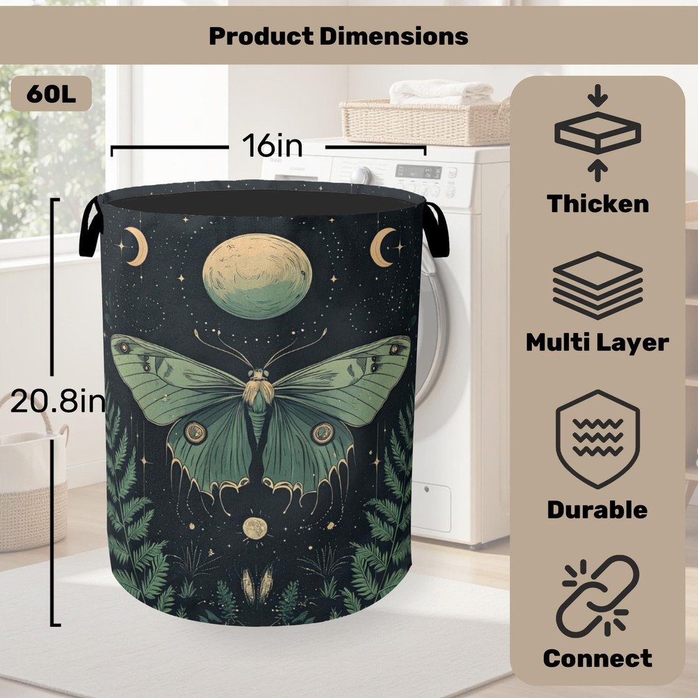 Gothic Moon Moth Foldable Laundry Hamper - Waterproof Fabric Storage Basket w...