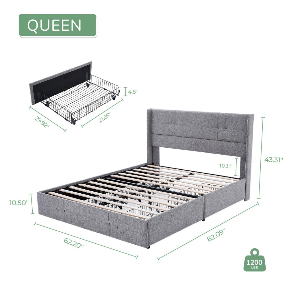 Queen Size Bed Frame Platform with 4 Storage Drawers and Fabric Upholstered H...