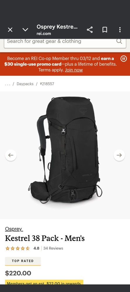 Osprey Kestrel Unisex Backpack 38L, Black