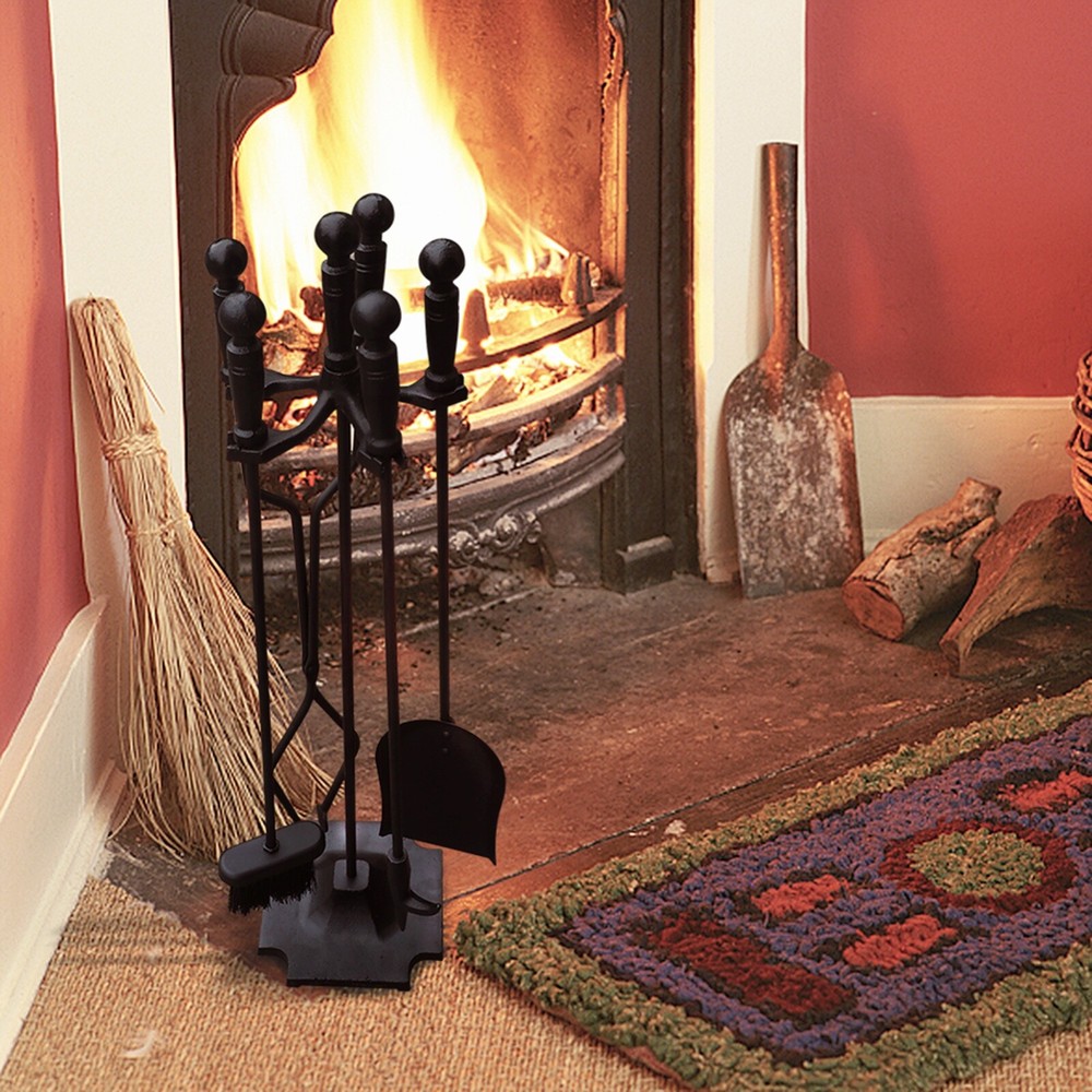 5 Pcs Iron Fireplace Tools Set in Handle Wrought Iron; Black