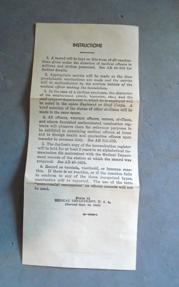 US Army WWII immunization register