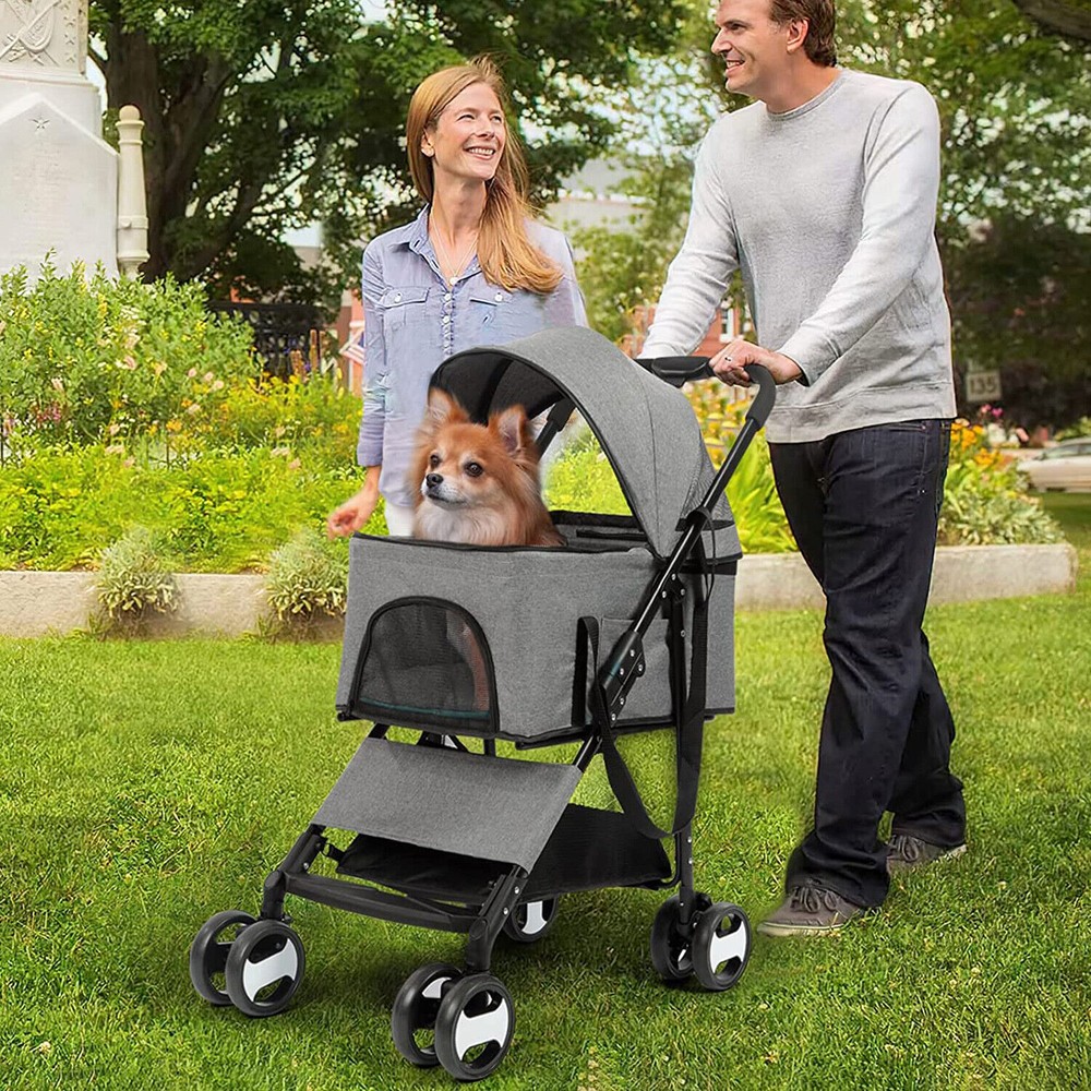 Extra Large Foldable Pet Stroller Travel Walk Carrier with Bottom Basket Storage