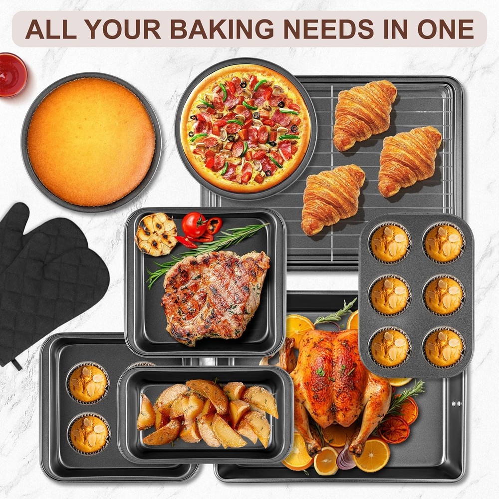 12PCS Nonstick Baking Pans Set Stackable Bakeware Sets W/ Wider Grip Carbon