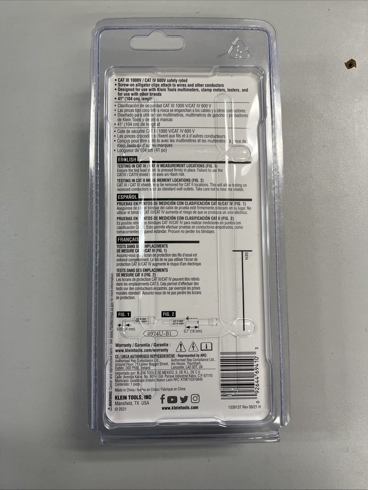 Klein Tools 69410 Replacement Test Lead Set Right Angle Inputs New Sealed