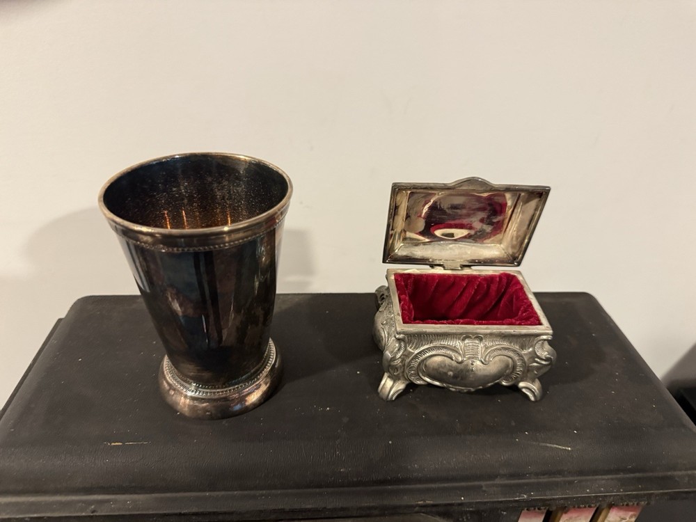 SMALL SILVER VINTAGE CUP And silver keepsake Box.