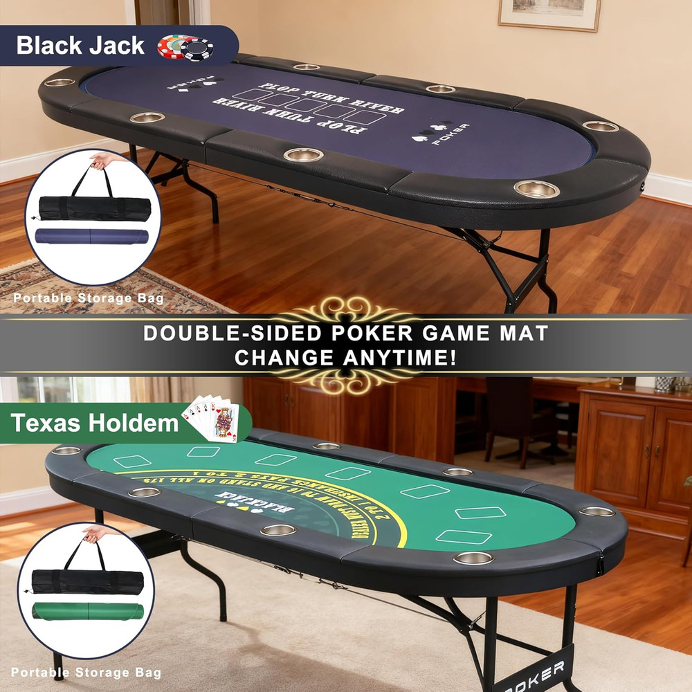 3-in-1 Foldable Poker Table for 8 with Reversible Mat & Cup Holders