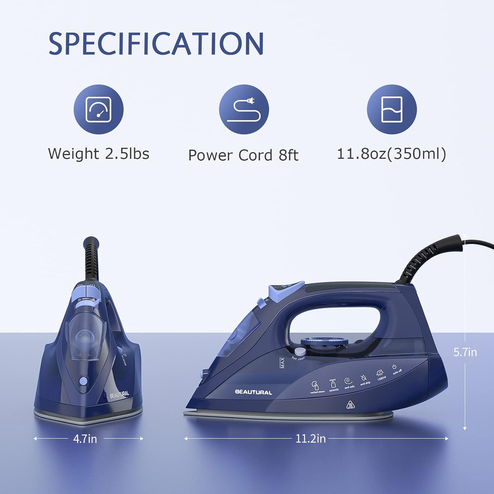 Steam Iron Ceramic Soleplate Fast Heat Auto Shut Off Variable Temp