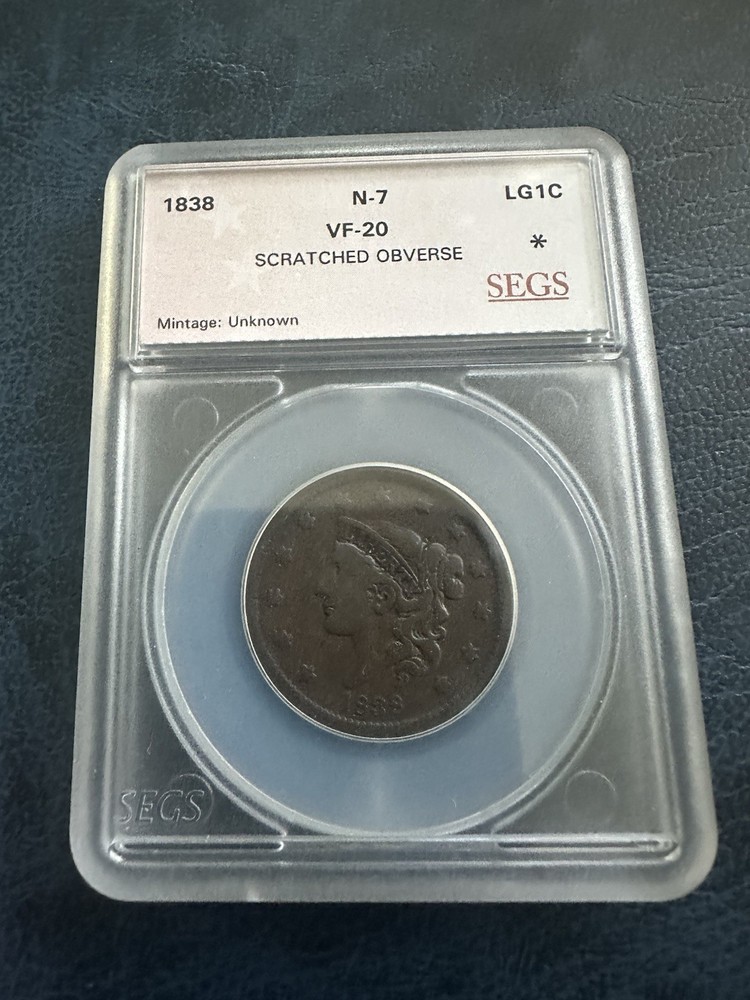 1838 large cent SEGS VF-20