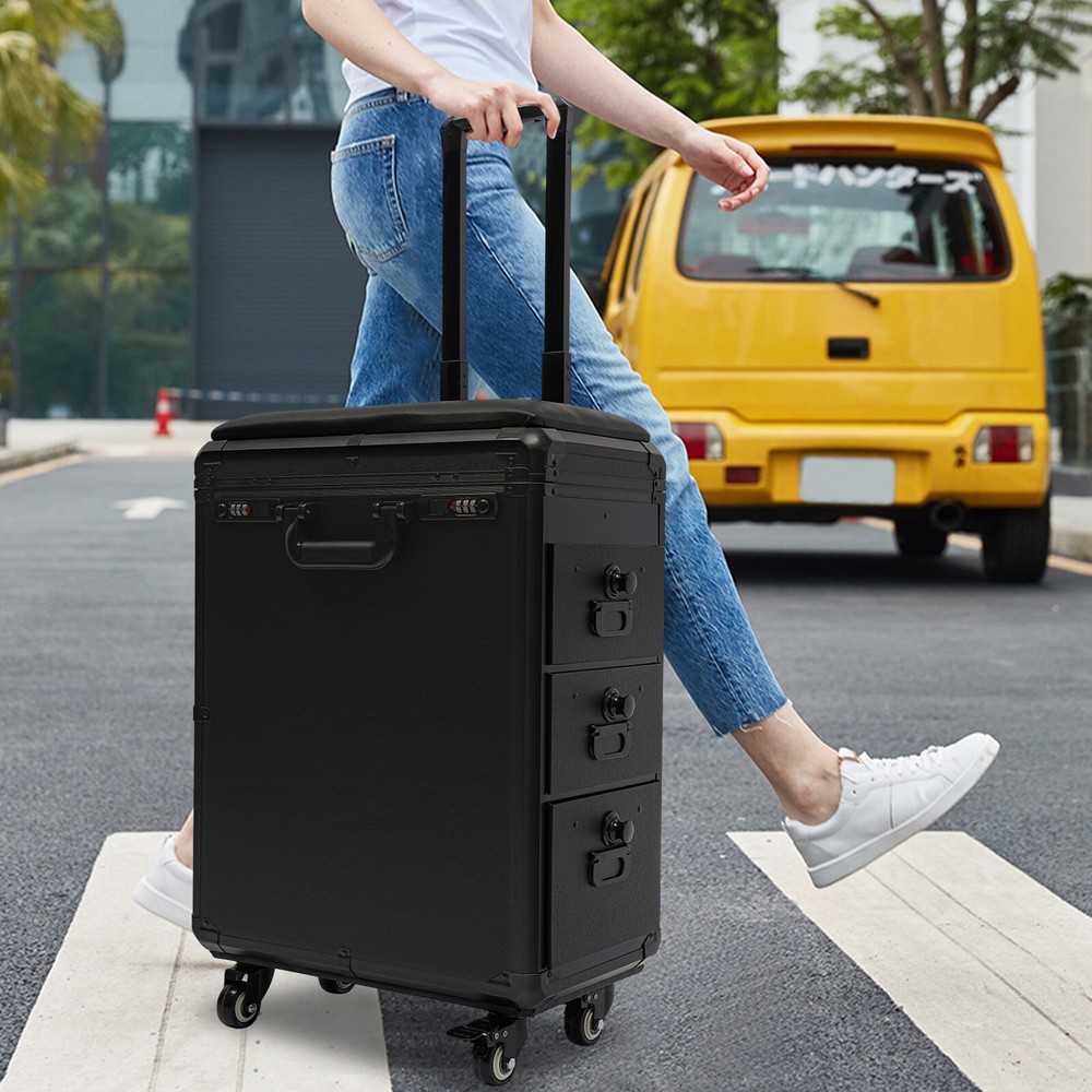 Metal Rolling Makeup Case with 4 Universal Wheels Combination Lock Cosmetic Case