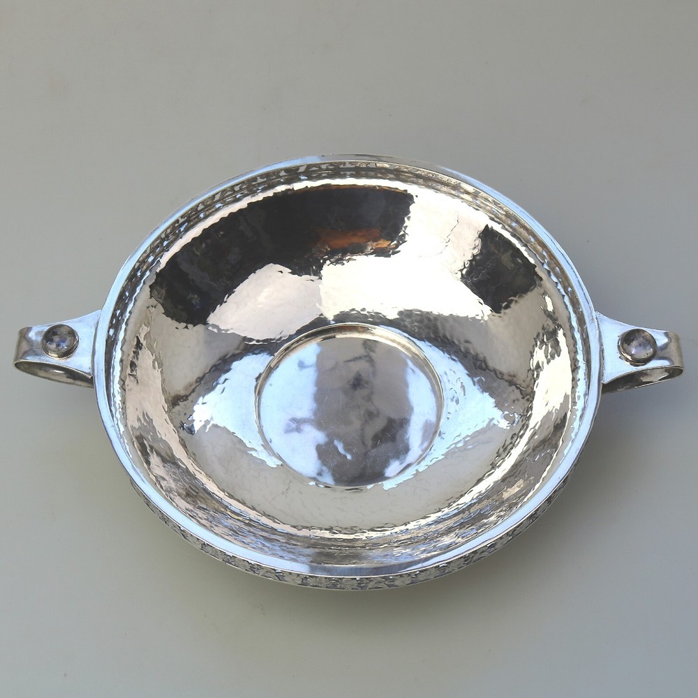 Extremely rare A E Jones cabochon set Arts & Crafts solid silver Bowl 252g 1910