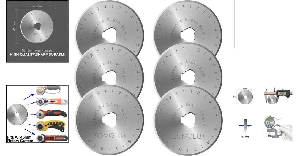 Professional Quality 6-Pack Rotary Cutter Blades - 45mm,