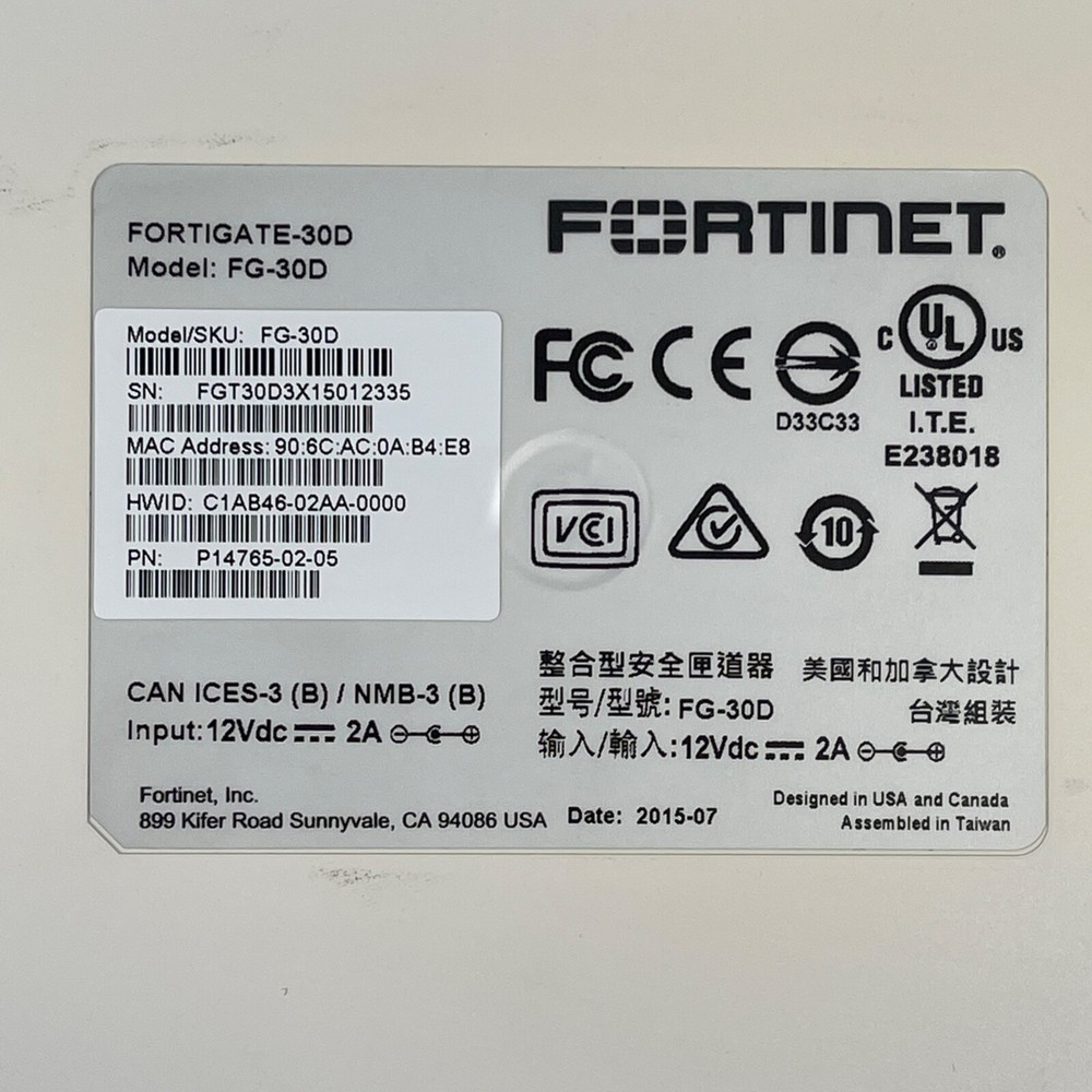 Fortinet FortiGate FG-30D FireWall w/ Power Supply
