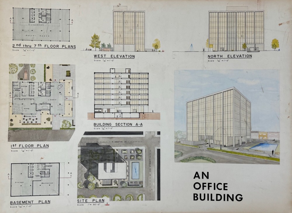 Vintage 1970s Office Building Architectural Rendering Plans Blue Prints