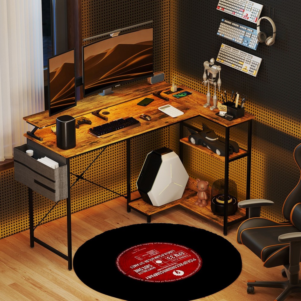 58" Reversible L Shaped Desk, Corner Computer Desk, Rustic Brown