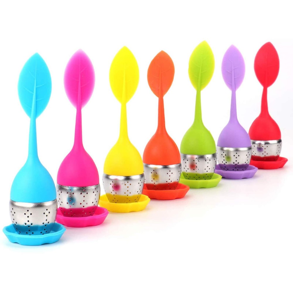 2 pack Tea Steeper Infuser Silicone Handle Stainless Steel Strainer w/ Drip Tray