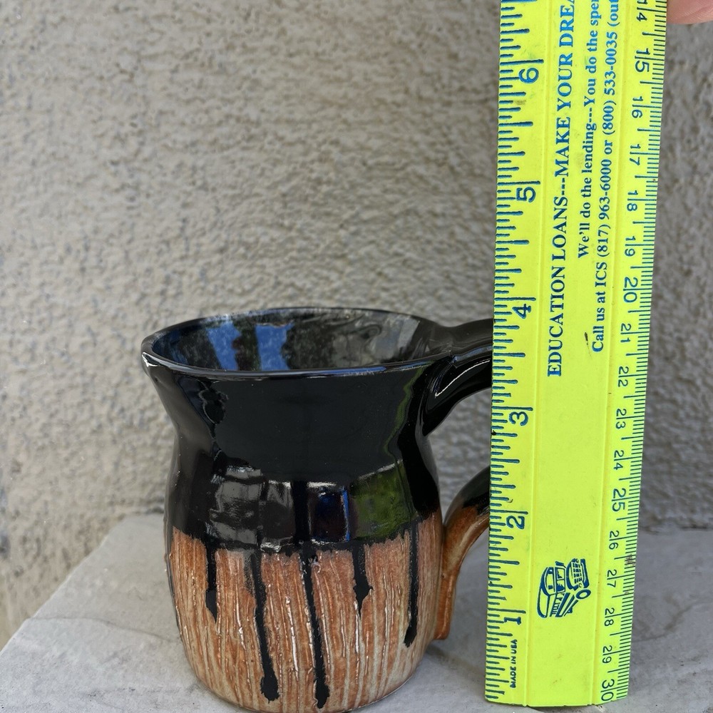 Studio Pottery Mug Cup Black Drip Glaze Green Inside Cup