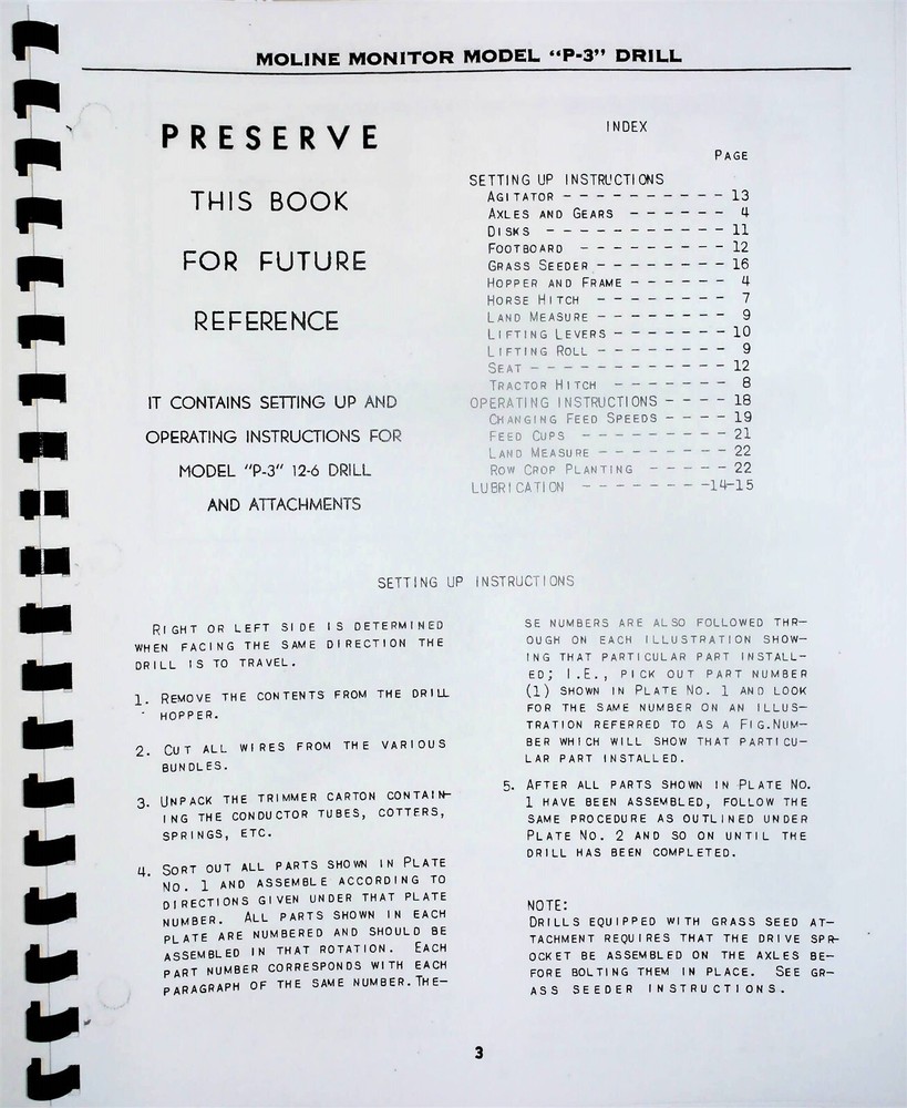 Minneapolis Moline P-3 Grain Drill Owners Operators Manual