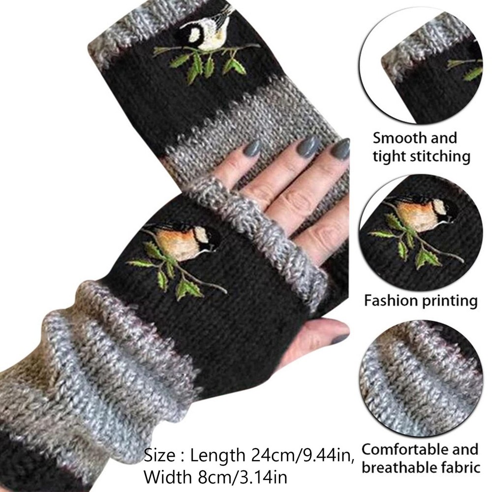 FOOMER Warm Patchwork Embroidered Fingerless Gloves with Medium, Green