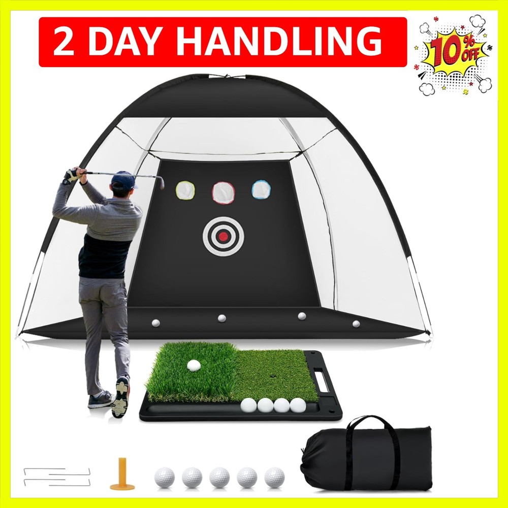 Golf Net: 10 x 7FT Practice Net with Mat for Chipping, Swing, Driving Practic...