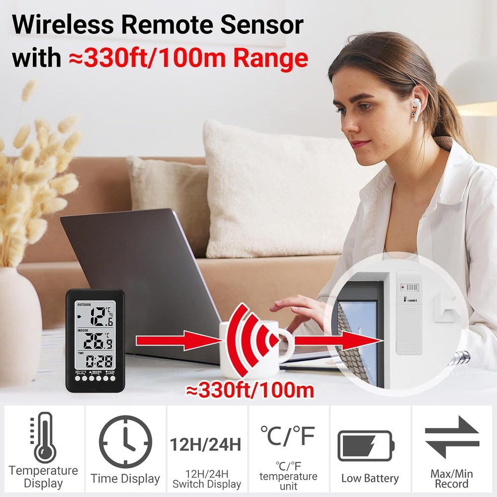 Digital Thermometer Clock Wireless Transmitter Indoor/Outdoor Temperature Meter