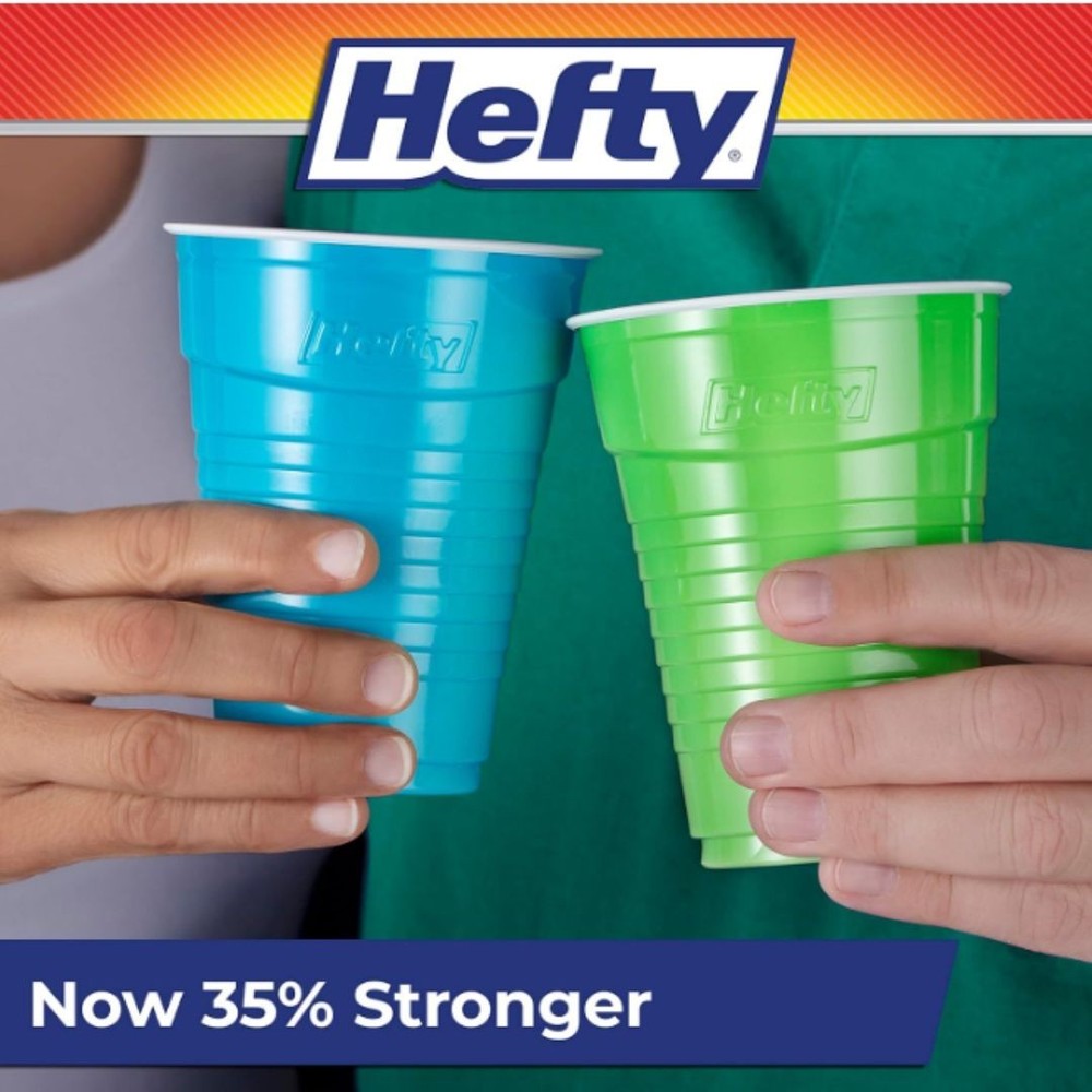 Hefty Party On Disposable Plastic Cups, Assorted, 16 Ounce, 100 Count New