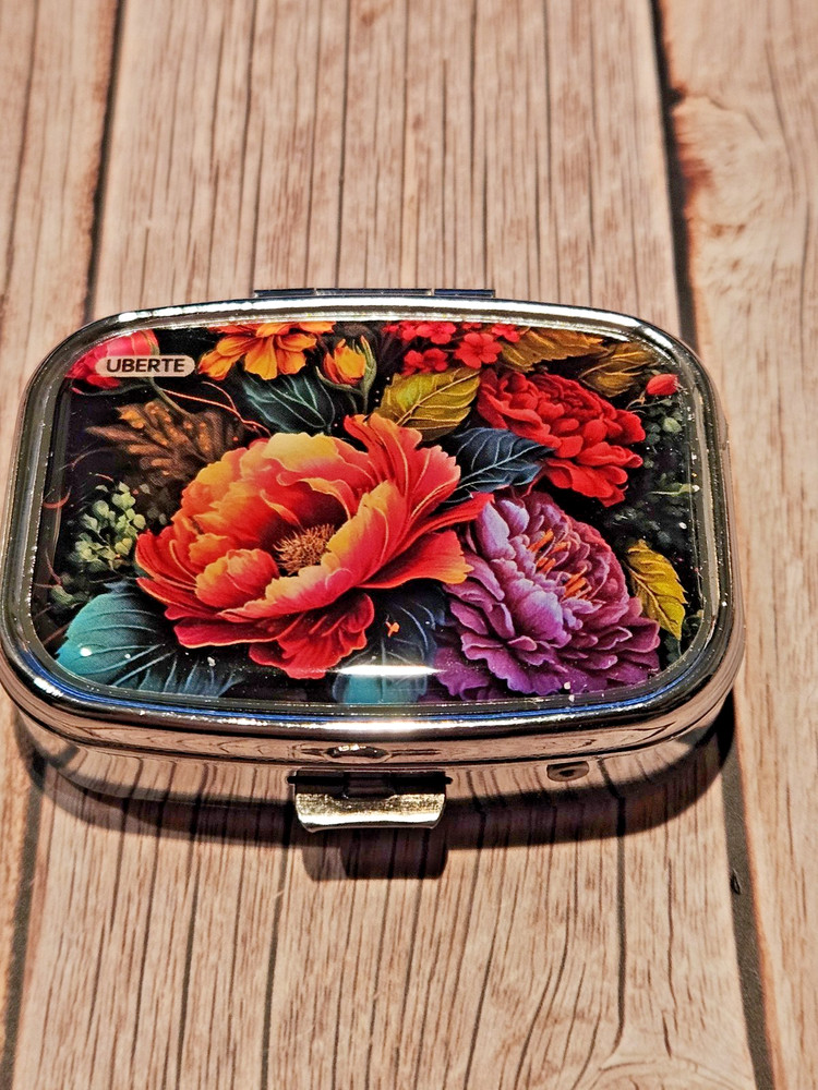Floral Pill Box 2 Compartment Silver Tone Rectangular New