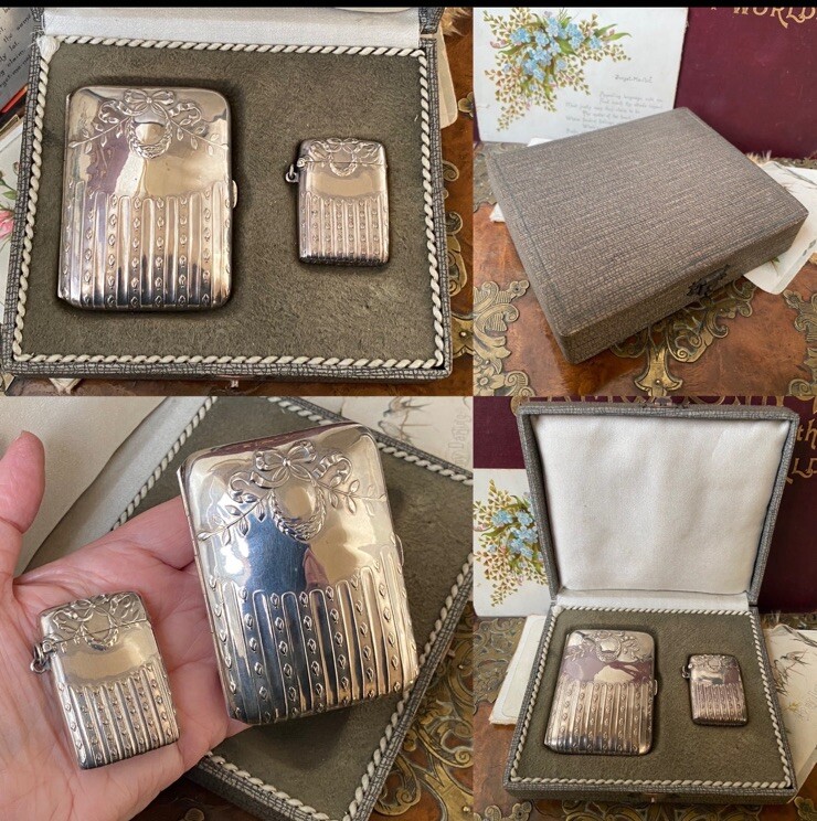 Edwardian Continental 935 silver boxed matching vesta case & cigarette case