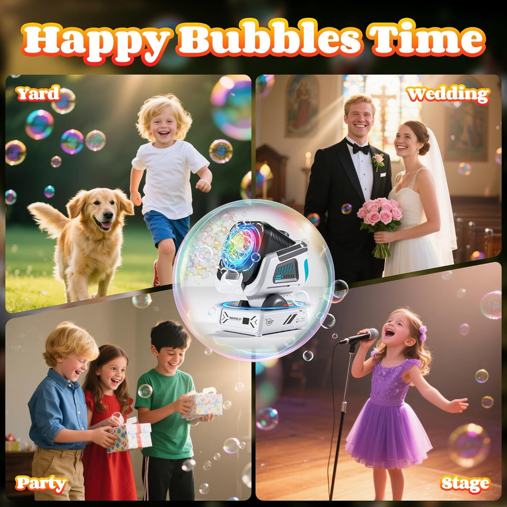 Upgraded Bubble Machine with Remote Control, Automatic Rotation & RGB Lights, 18