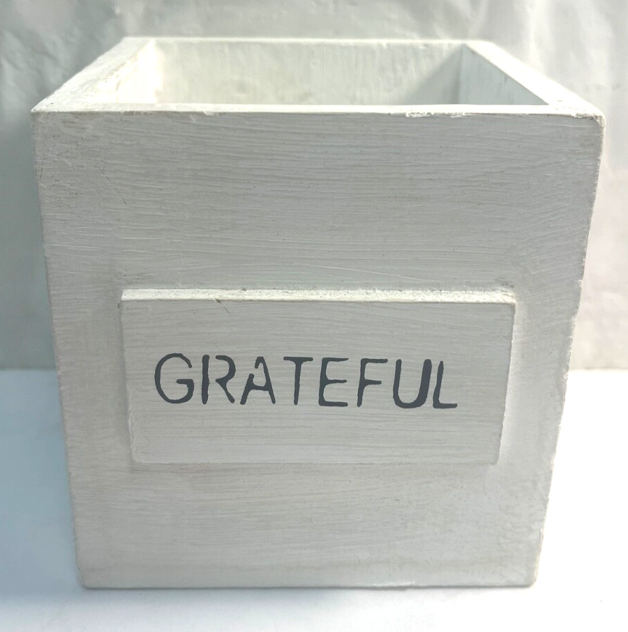 White Painted Square Wood Box “Grateful”