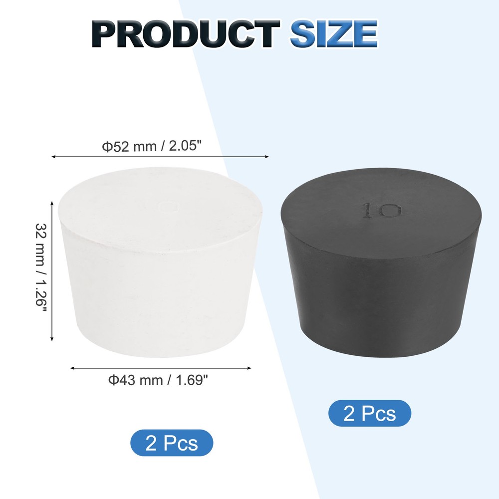 4 Pcs Solid Rubber Stopper Size 10#-52mm x 43mm - 32mm Long, Black/White