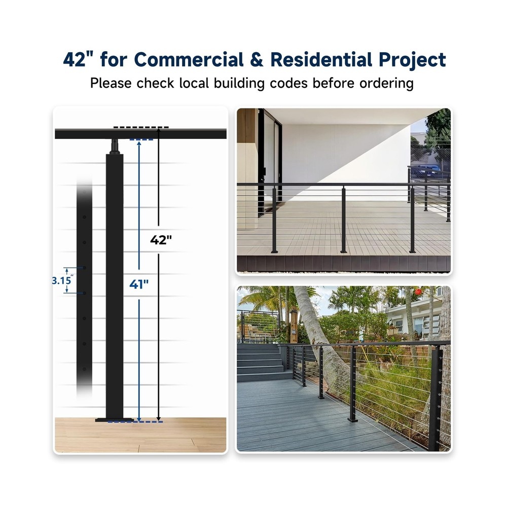 5Pack One-Stop Cable Railing Post Kits, 42" Adjustable Top Level Drilled Line...