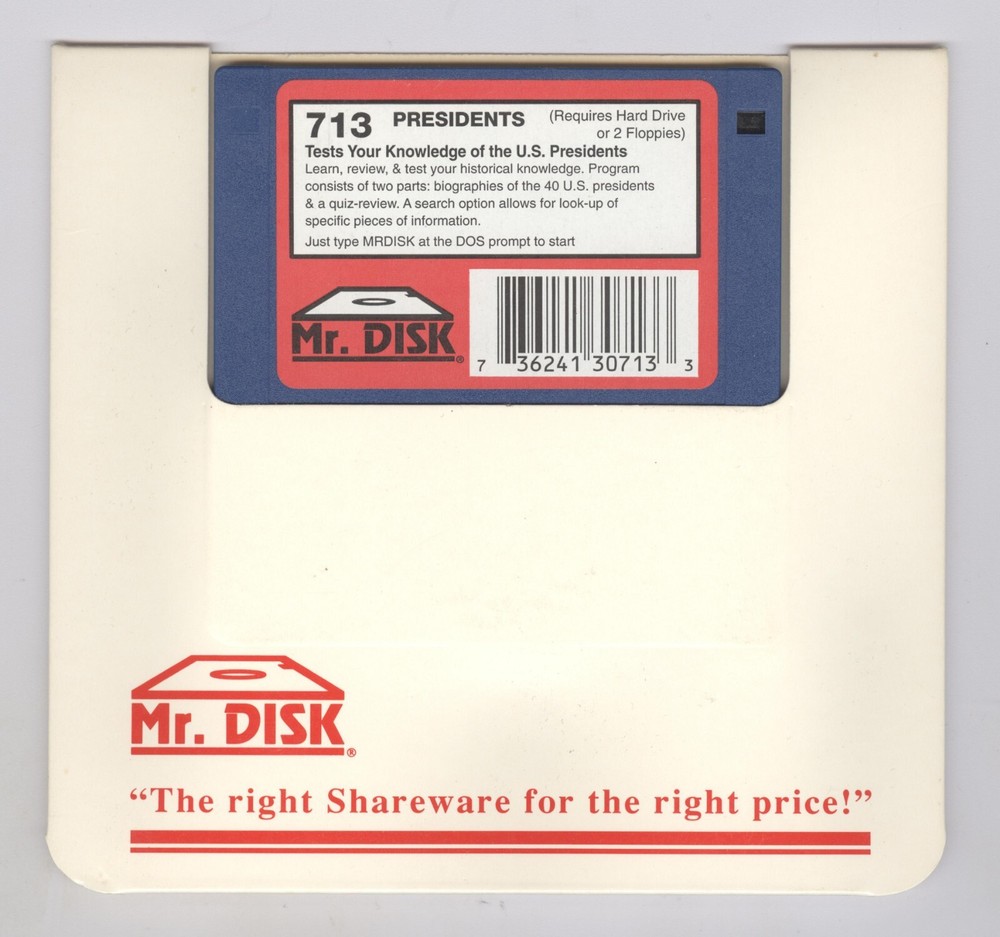 Mr. Disk 713 **PRESIDENTS** - Excellent 3.5" Floppy Disk DOS Shareware software