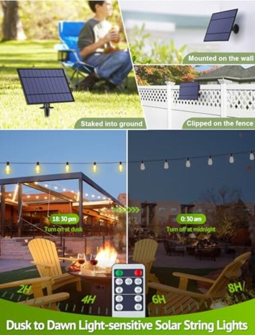 48FT Solar String Lights Outdoor with Remote, Waterproof Dimmable 1 Black