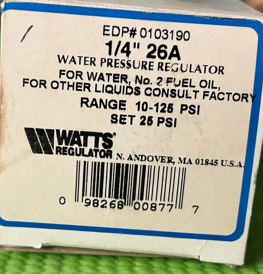 Watts Water Pressure Regulator 1/4" 26A 10-25 PSI