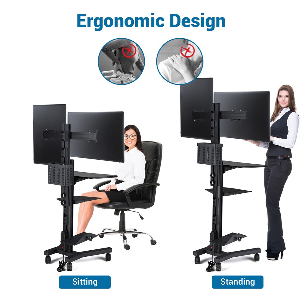 YesSources Mobile Computer Stand Workstation 2 Monitor Mount w/ Additional Pole