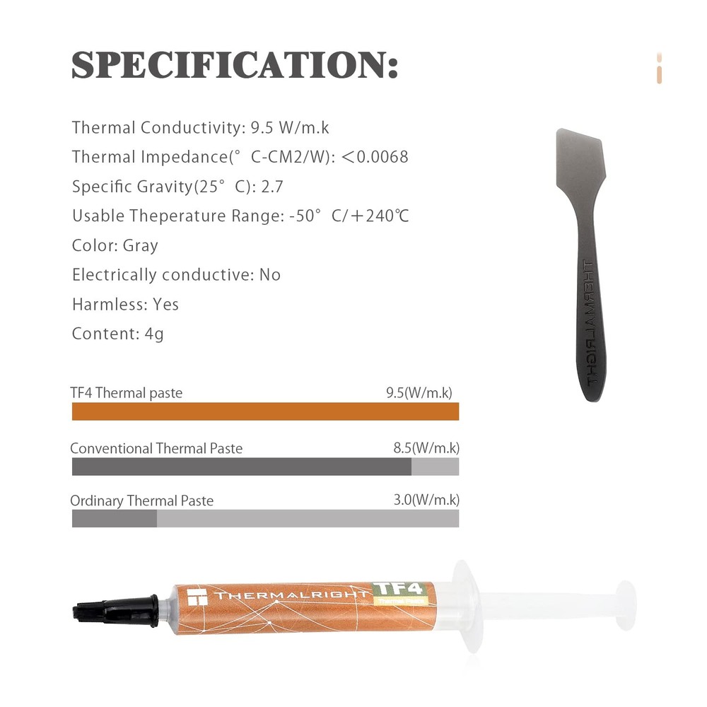TF4 4g Thermal Paste, 9.5W/MK, High Conductivity, Cooling, CPU, GPU, Paste