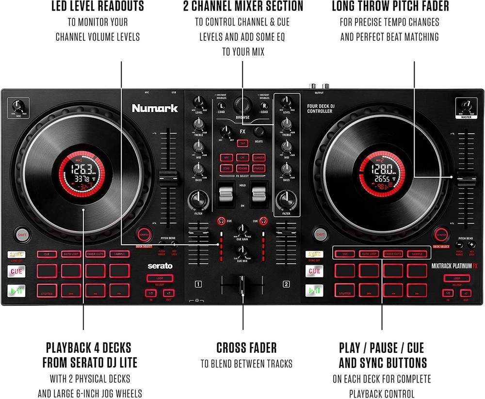 DJ Controller Bundle - DJ Set with 4 Decks, DJ Mixer, Audio Interface, Jog Wh...