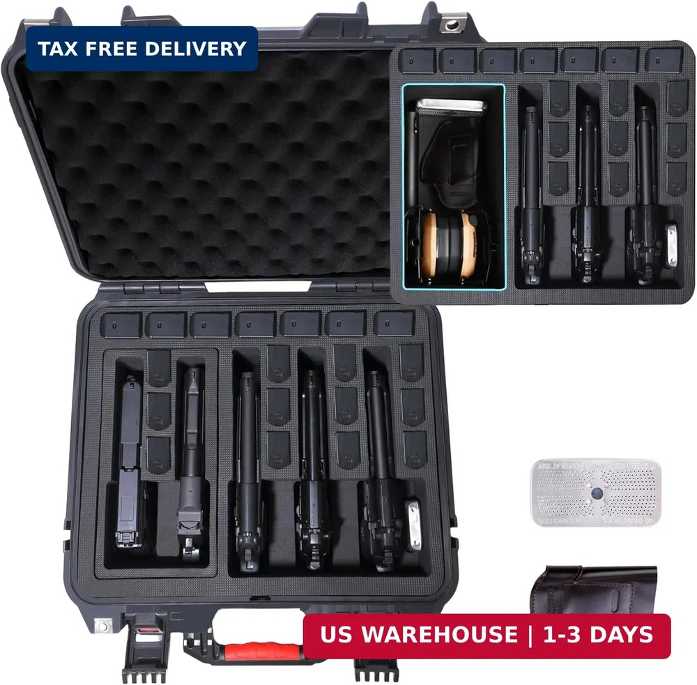 Hard shell protective storage case, capable of holding multiple handguns, pre-cu
