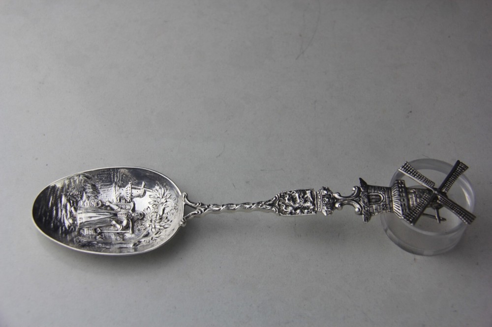Antique Dutch Silver Spoon w/ Windmill Handle & Embossed Bowl