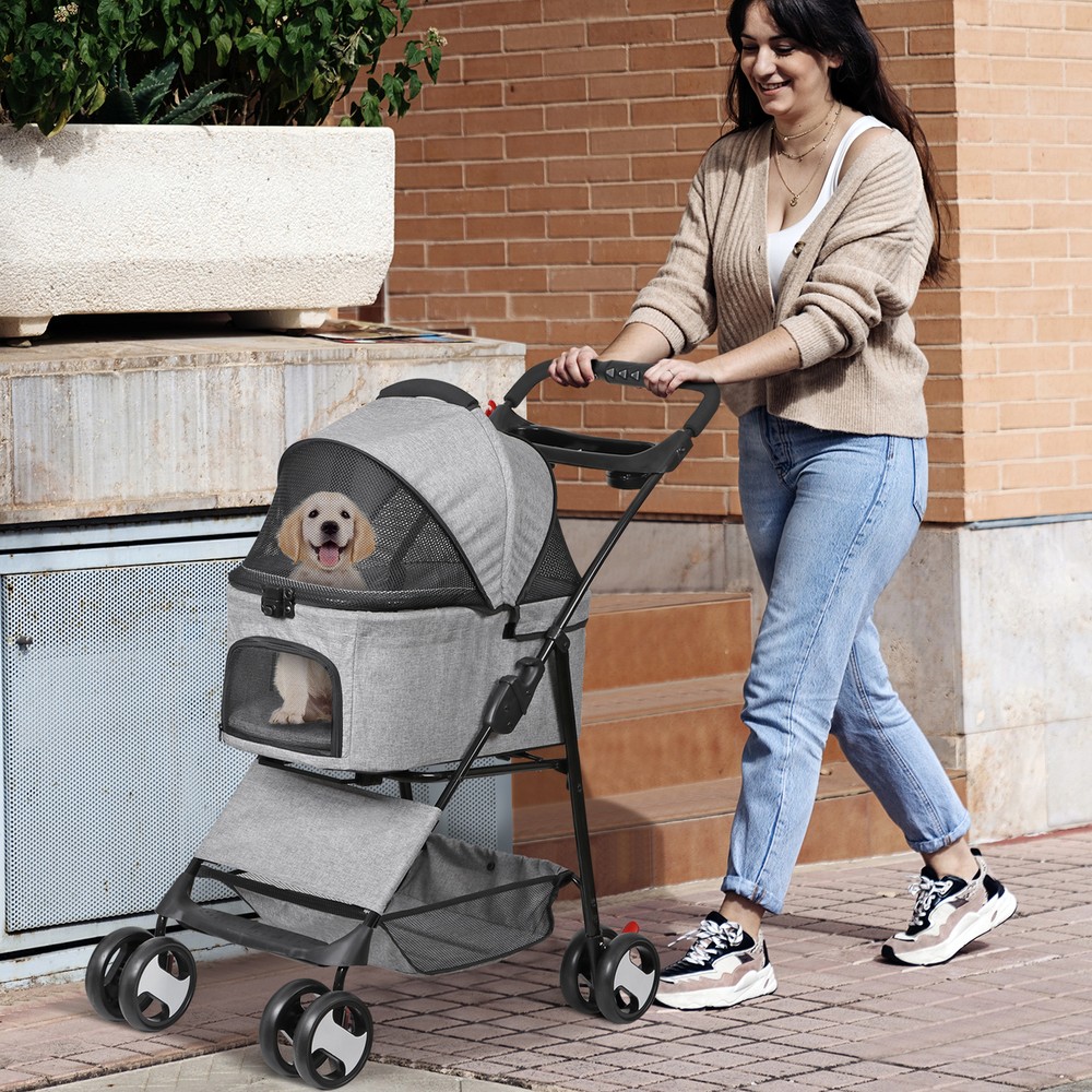Dog Stroller Cat Stroller 3-in-1 Multifunctional 4 Wheels Lightweight Foldable
