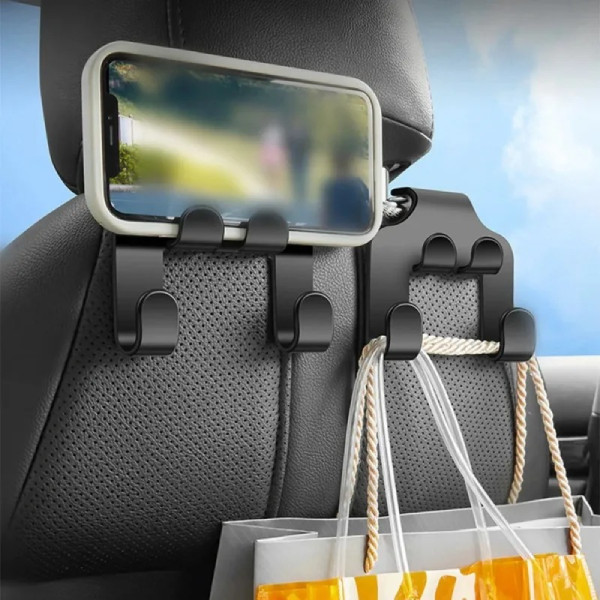 Multifunctional Car Seat Back Hook | Double Head Phone Hanger & Headrest Bag