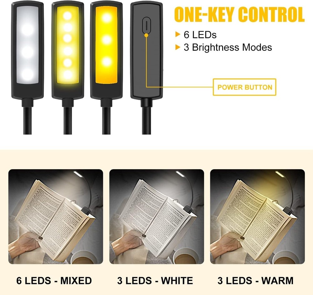 Book Light, Rechargable Reading Light, LED Light with 6 LEDs & 3 Brightness
