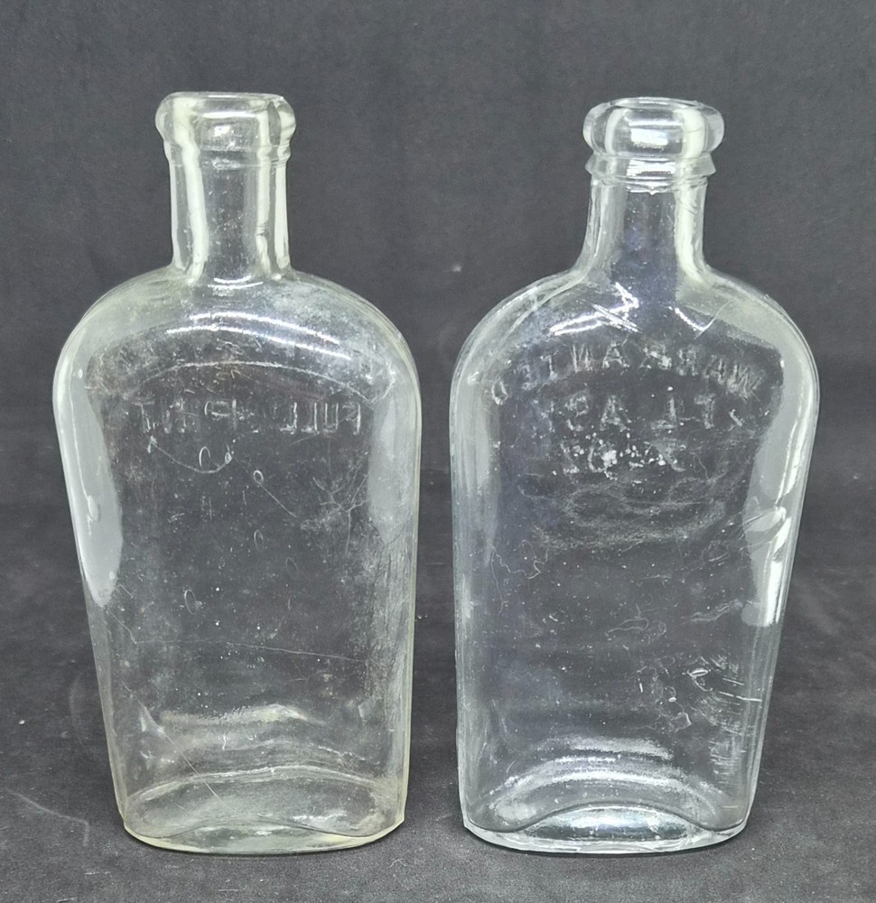 (2) 1880's WARRANTED FLASK HALF PINT STRAP SIDE WHISKEY FLASKS APPLIED TOPS NICE