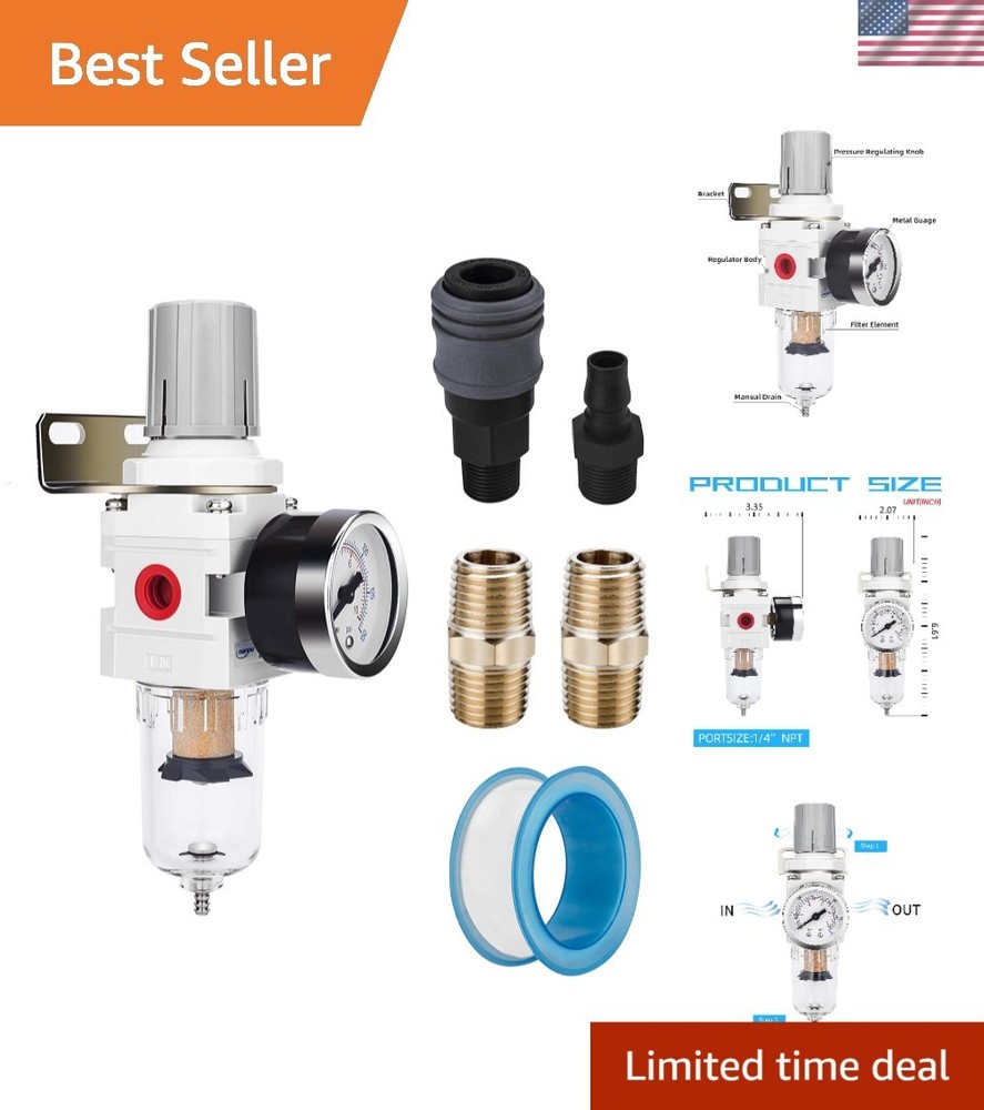 Efficient 1/4" NPT Compressed Air Filter/Regulator - 5 Micron with Bowl