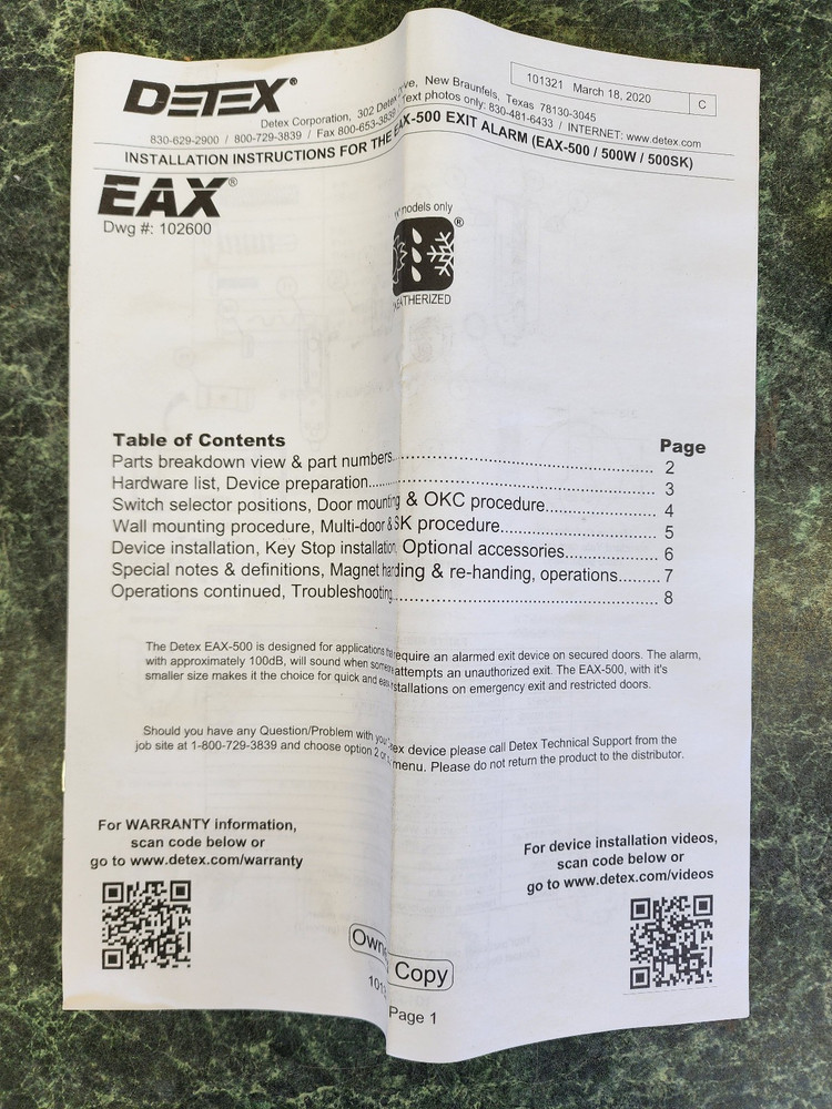 Detex EAX-500 Battery Powered Door Exit Alarm