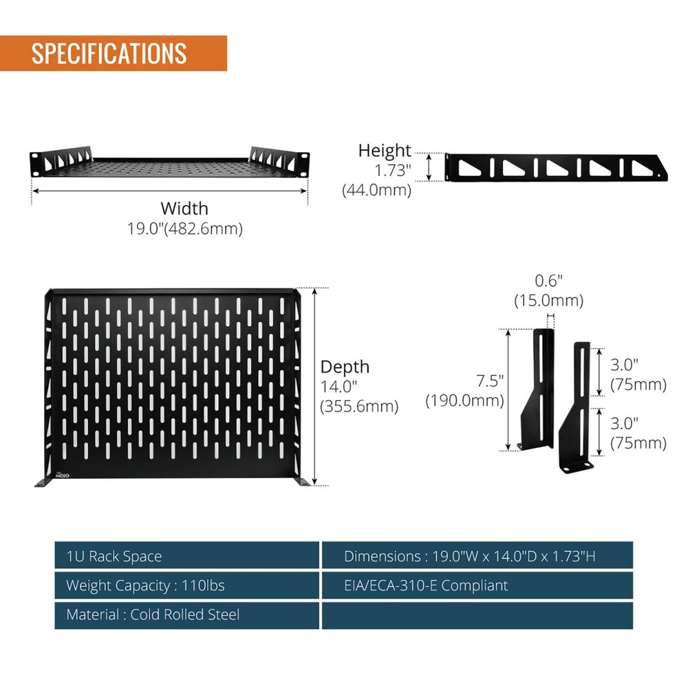 2 PCS 1U Rack Shelf 19 Inch Depth AntiSlip Server Network 110lbs Vented