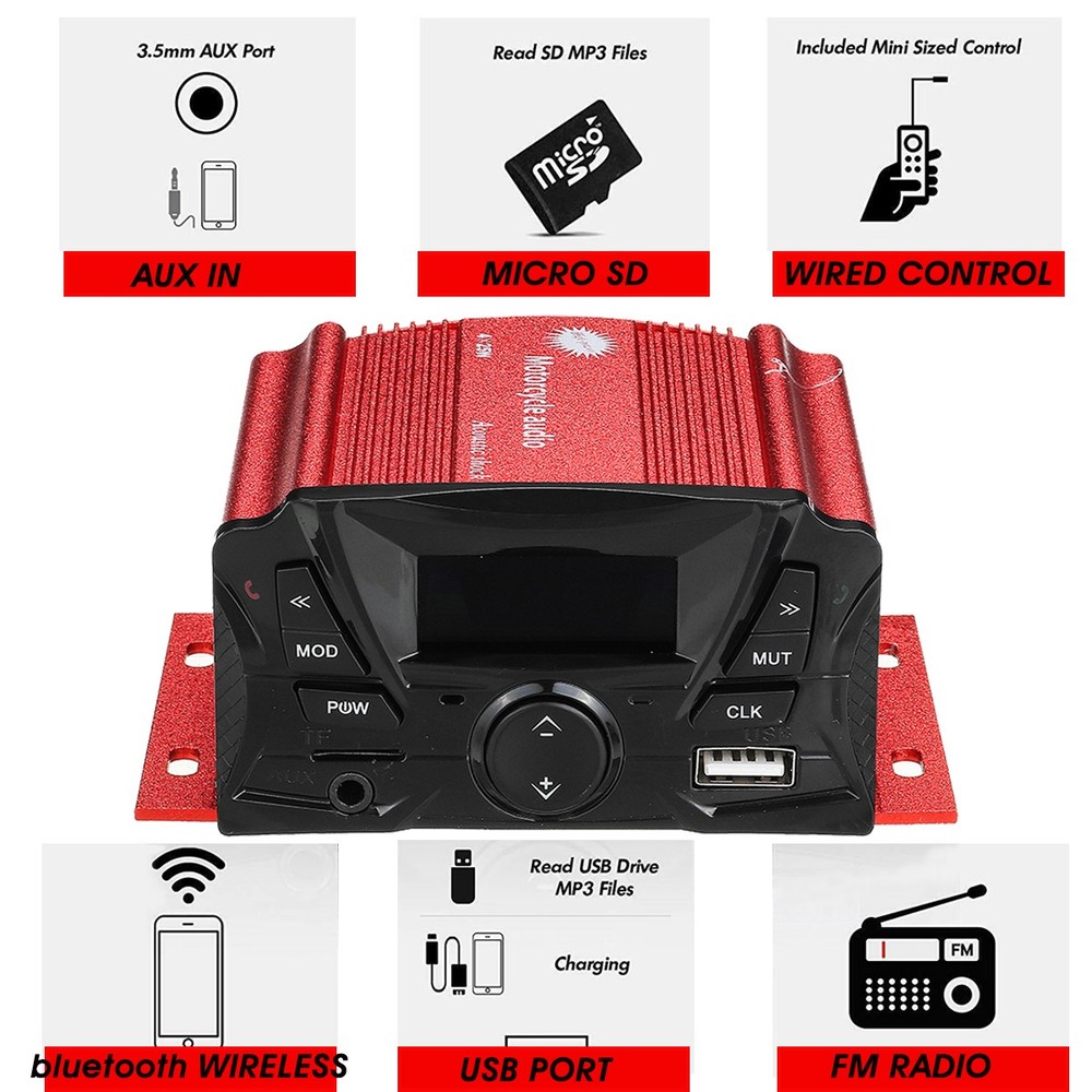 12V Motorcycle Audio bluetooth Remote Control Speaker Sound System SD USB MP3