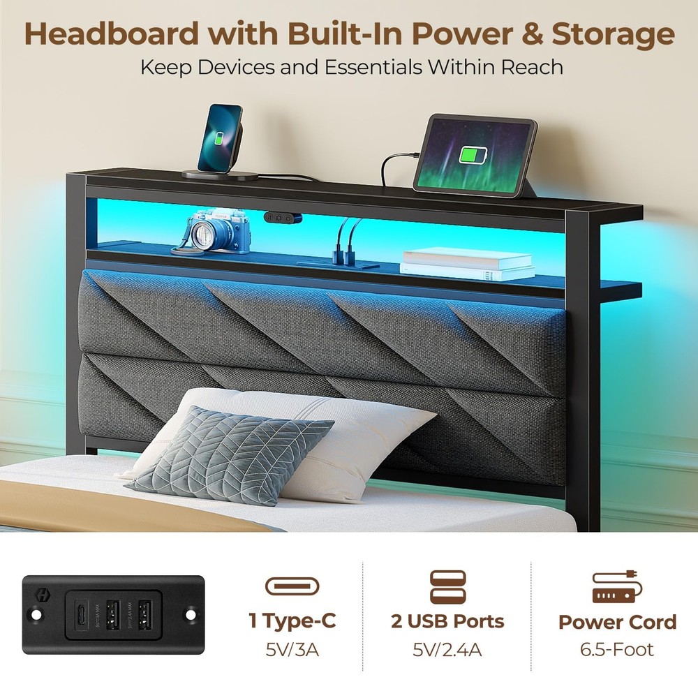 Seventable Bed Frame Twin Size with Charging Station, LED Bed with Upholstere...