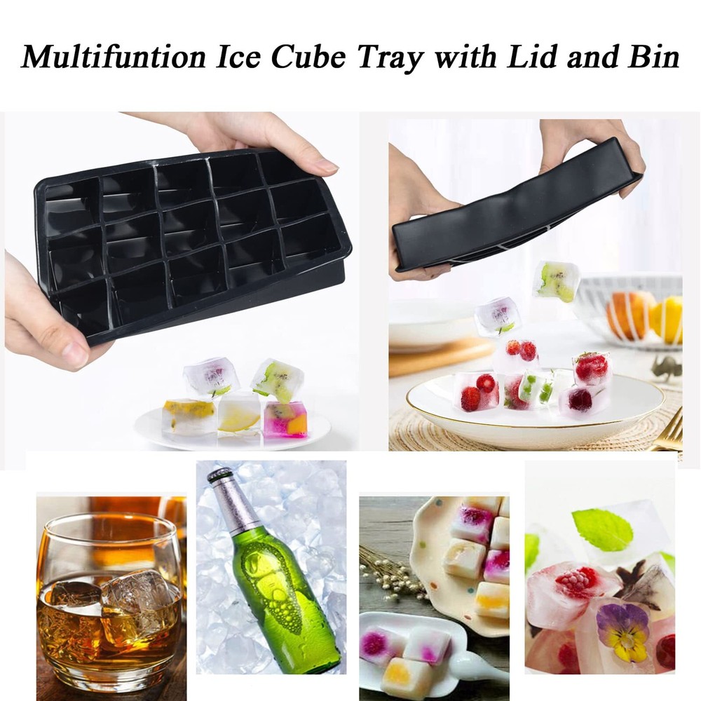 2 Pack 15-Cavity Silicone Ice Cube Trays Square Ice Cube Molds with Lids